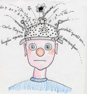 disegno di un bimbo con uno scolapasta per cappello